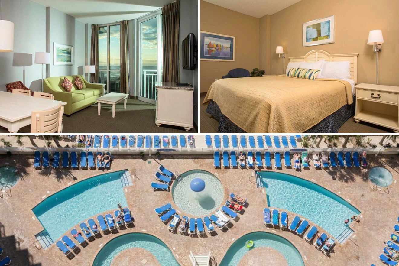 collage of 3 images with aerial view over the swimming pool, bedroom and lounge area