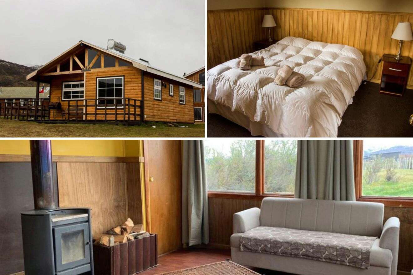 collage of 3 images with cabin, fireplace area and a bedroom