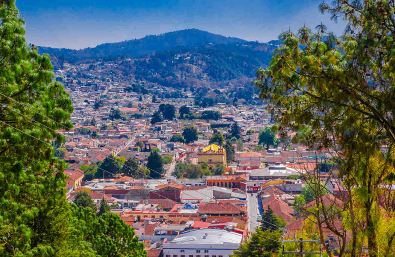 Aerial view of rooftops in San Cristóbal de las Casas