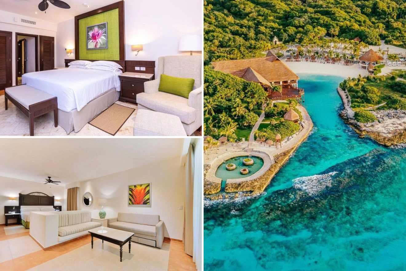 Collage of three hotel pictures: bedroom, living room, and aerial view of the resort