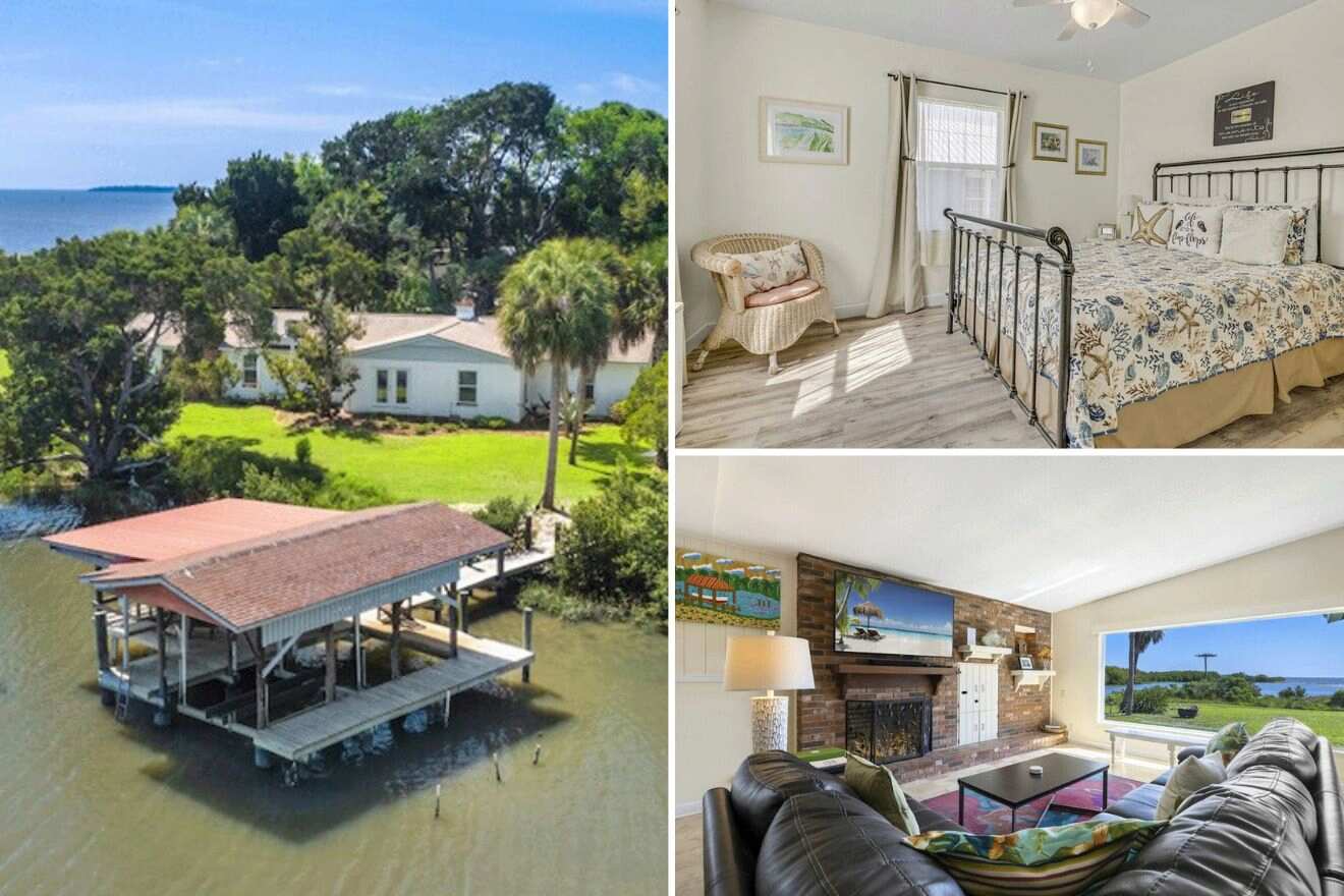 A collage of three photos: aerial view of private house with a dock, bedroom, and living room