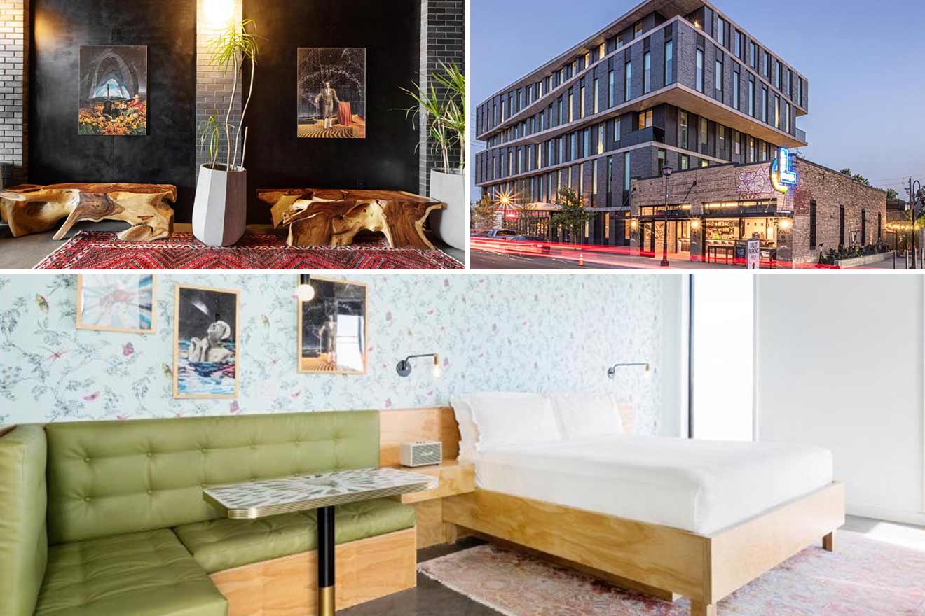 photo collage with bedroom, lounge and hotel building exterior