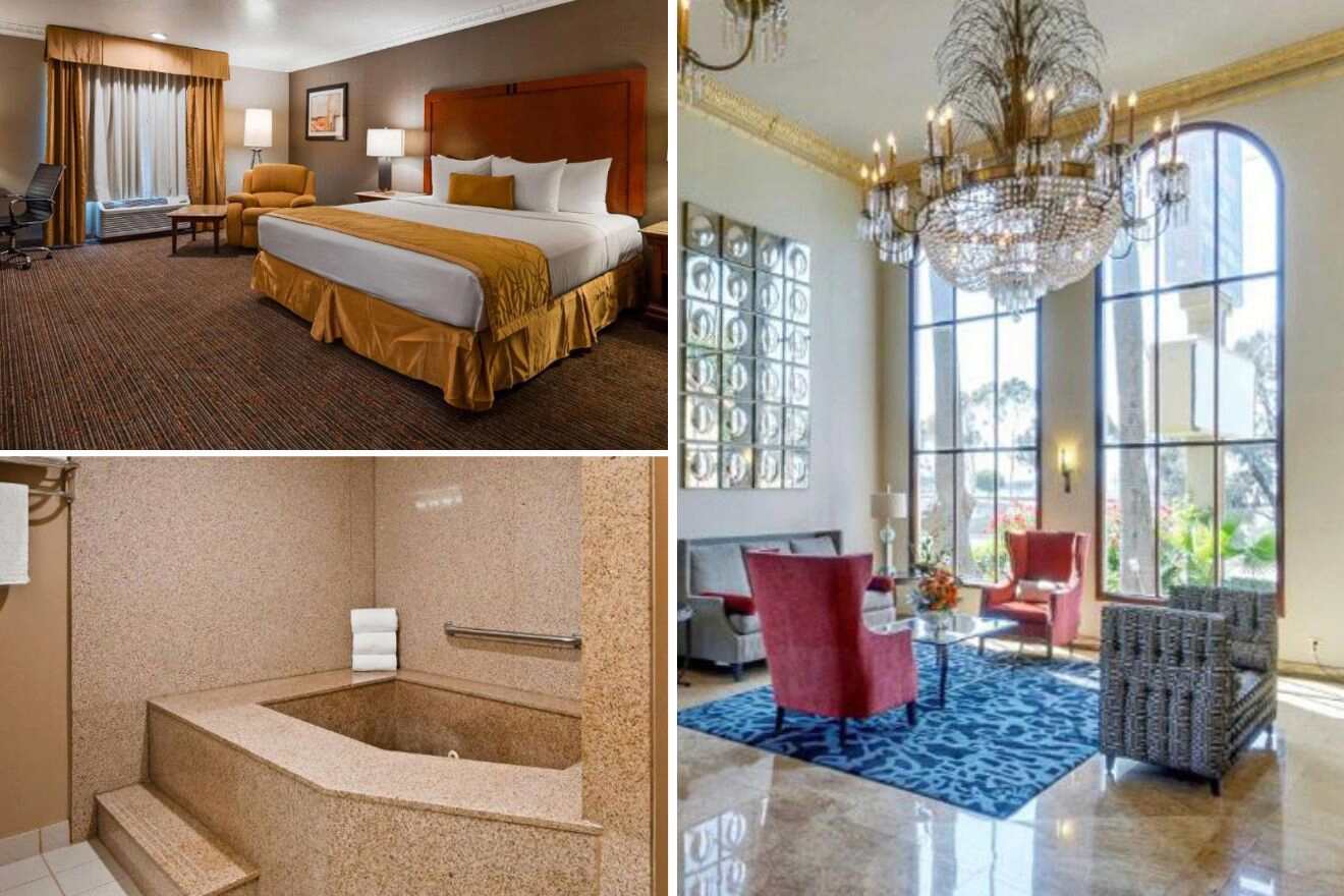 collage of 3 images with lounge area, bedroom and bath tub