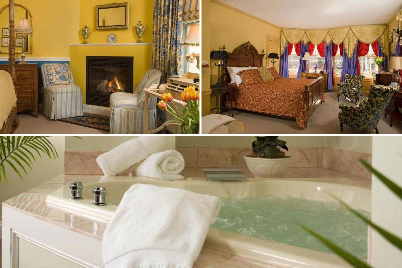 a collage of three photos: sitting area with fireplace, bedroom, and hot tub in bathroom