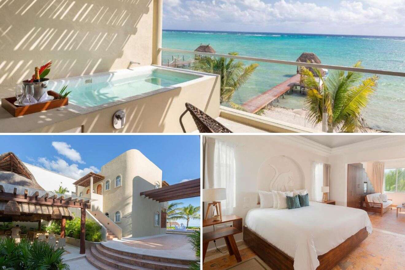 a collage of three photos: private outdoor pool on balcony with a view of the ocean, view of the exterior of the hotel, and bedroom