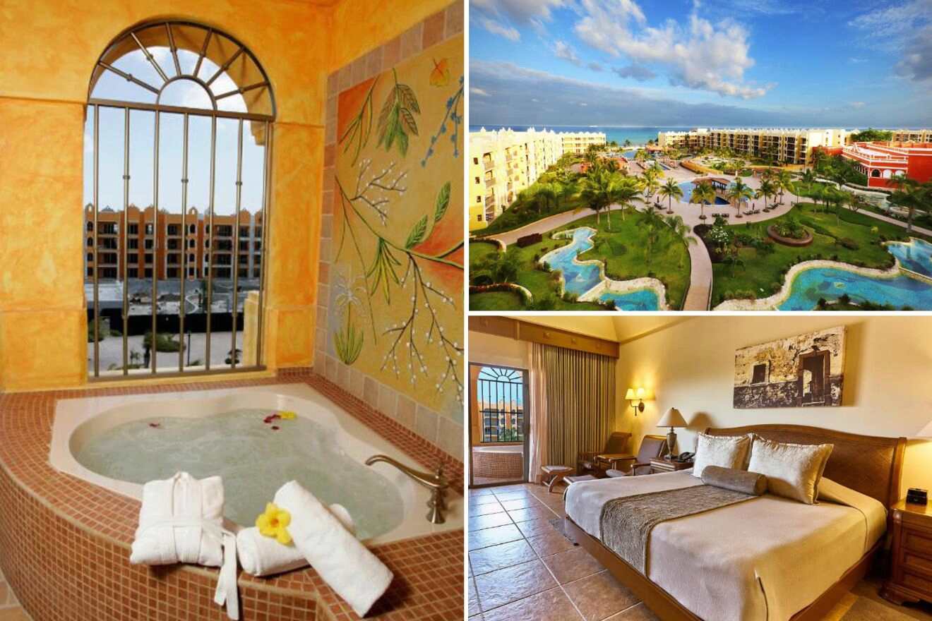 Collage of three hotel pictures: jacuzzi on the balcony, aerial view of the resort, and bedroom