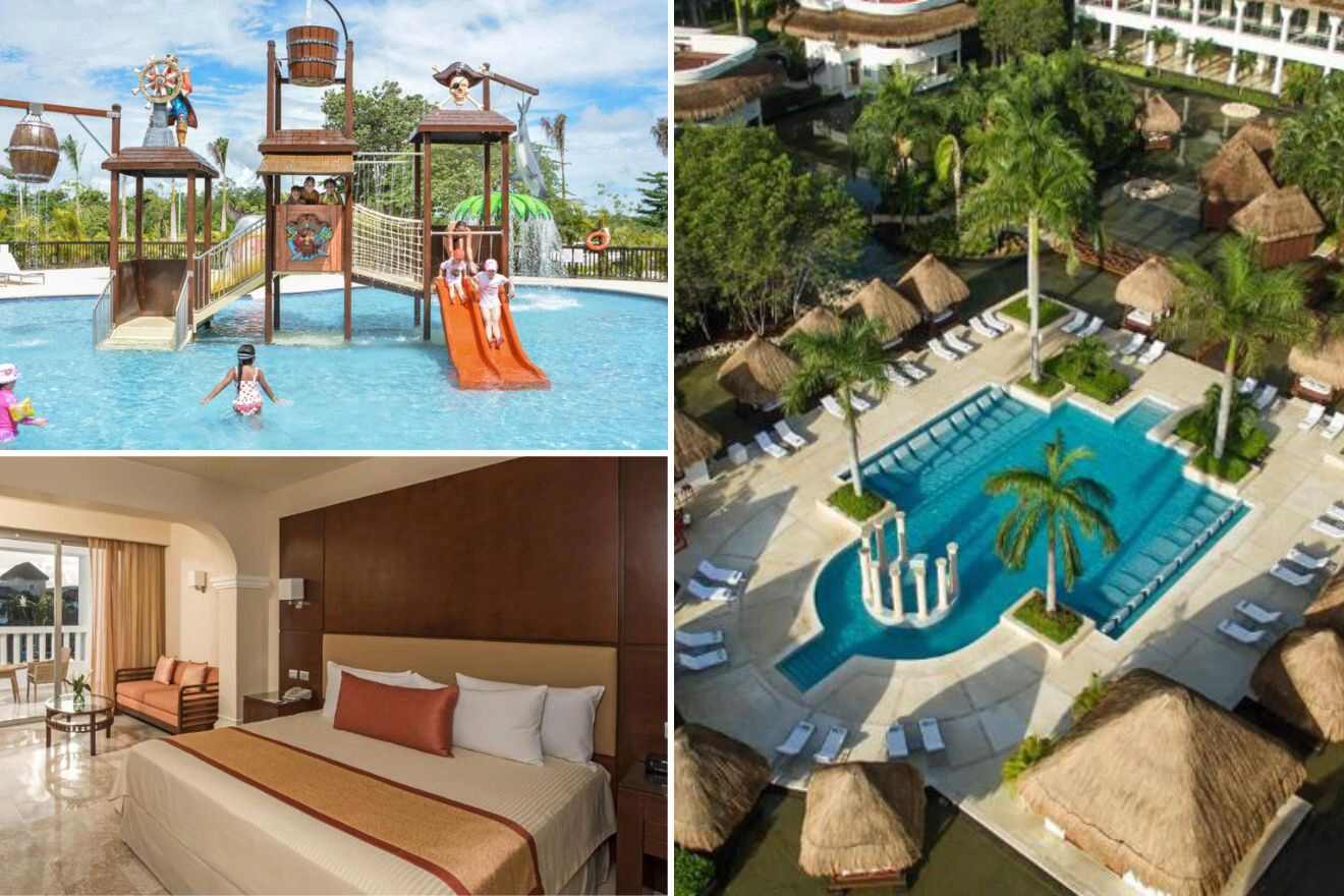 Collage of three hotel pictures: props in kids waterpark, bedroom, and aerial view of outdoor pool
