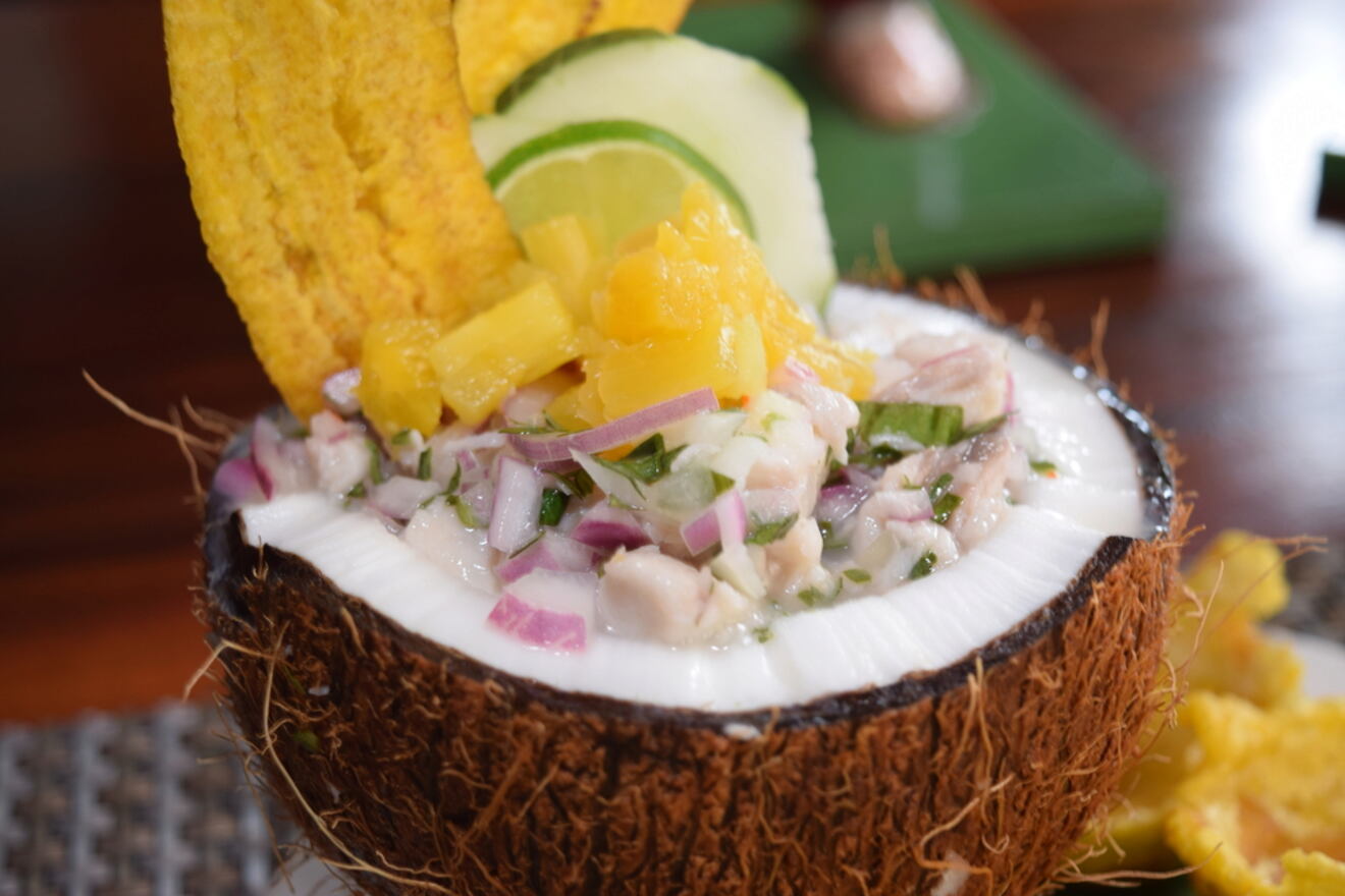 Ceviche served in a coconut