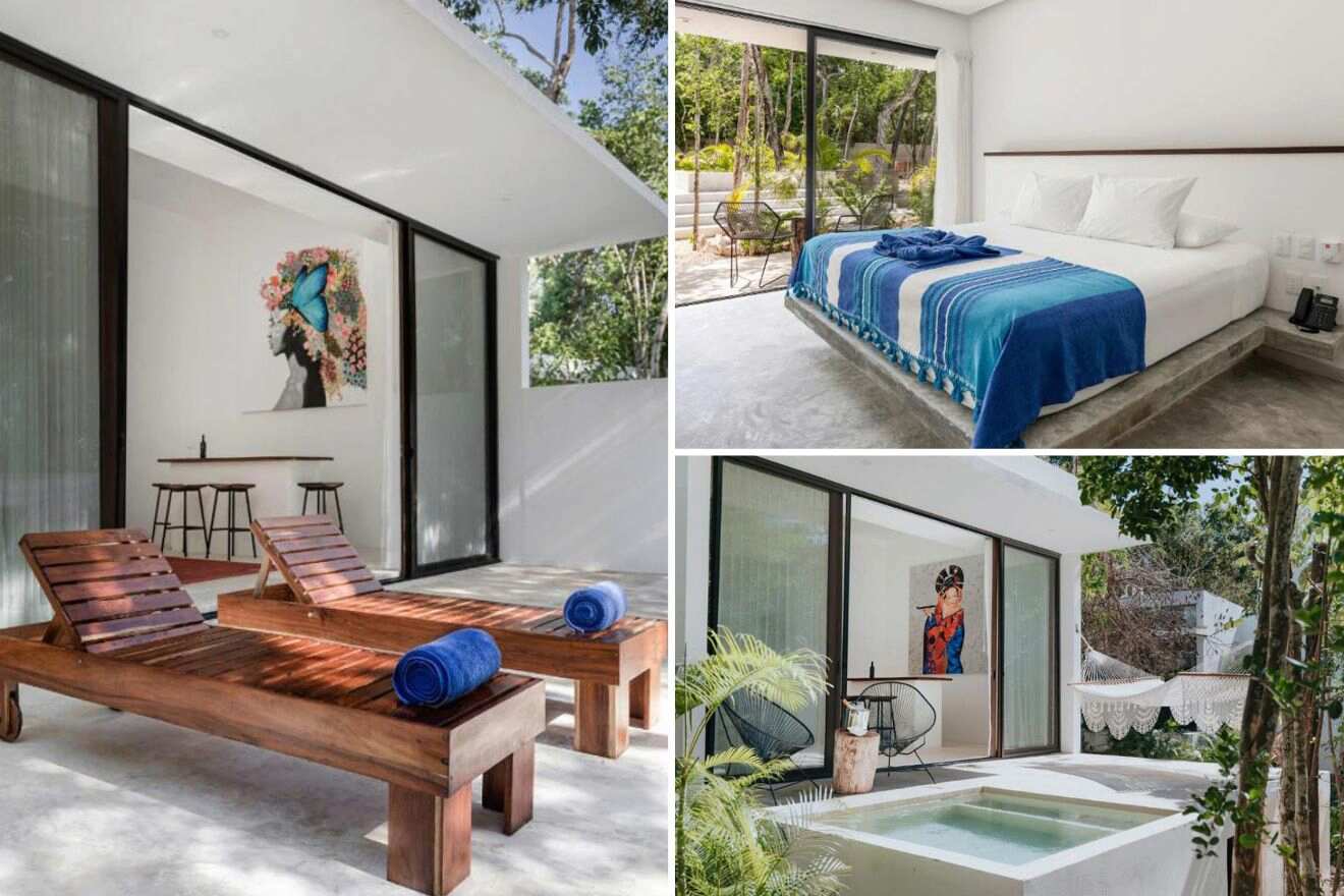 a collage of three photos: two lounge chairs on balcony, bedroom, and outdoor private pool