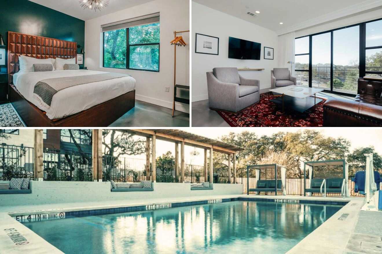 collage of three hotel photos: bedroom, living room, and outdoor pool