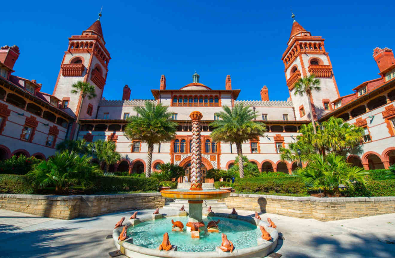 View of a fountain and exterior at Flagler College