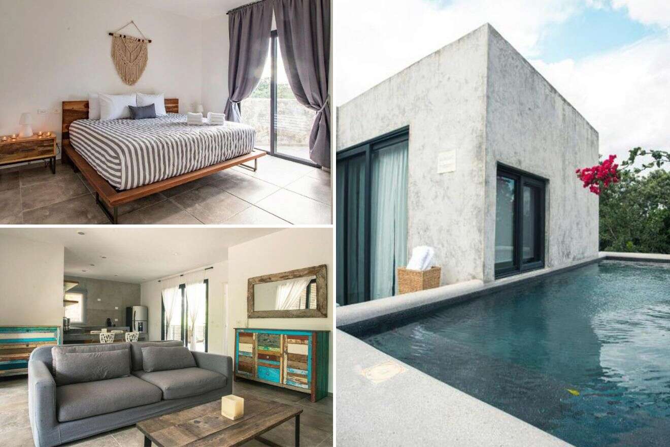 a collage of three photos: bedroom, living room, and outdoor private pool