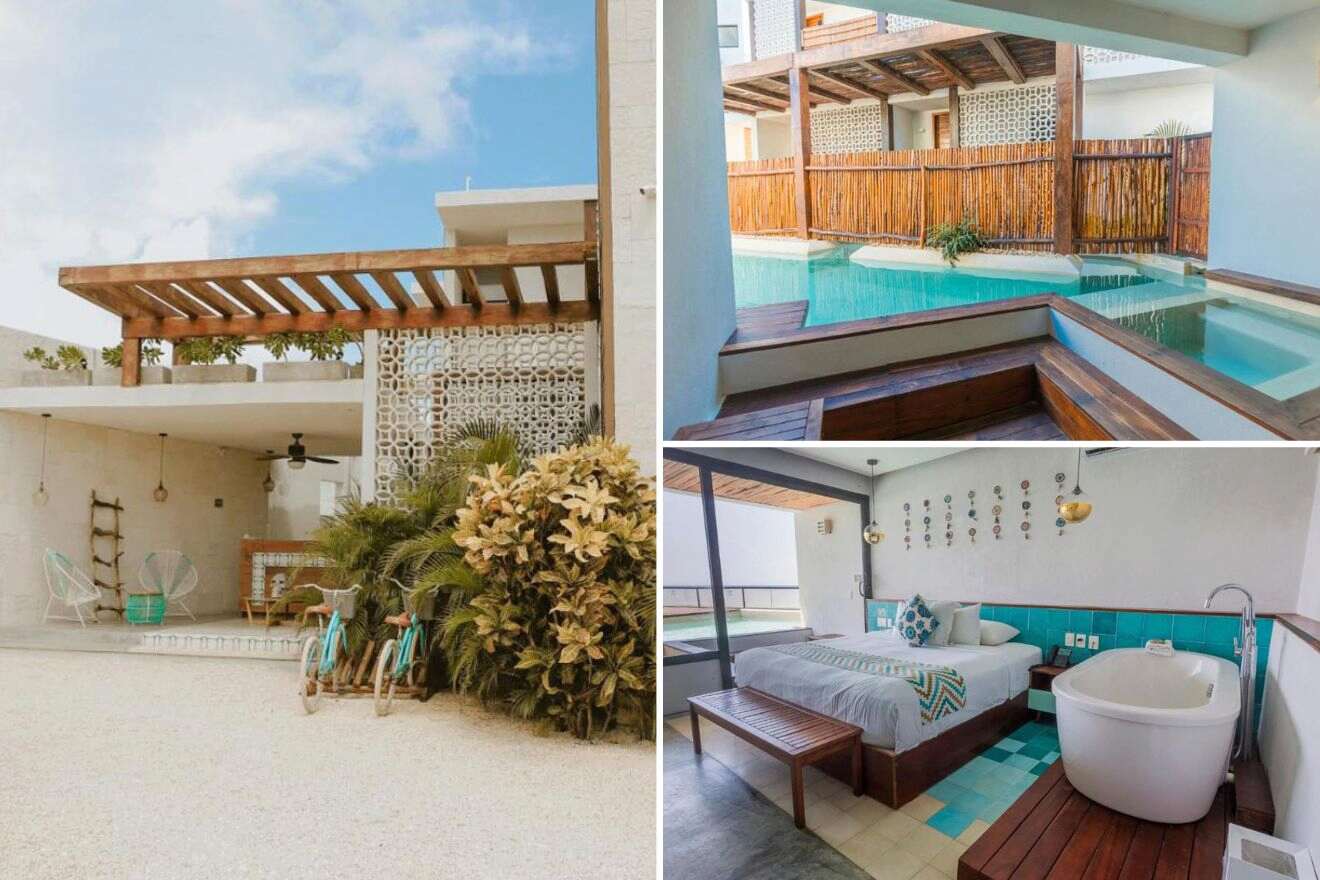 a collage of three photos: view of the exterior of the hotel, private outdoor pool, and bedroom with bath