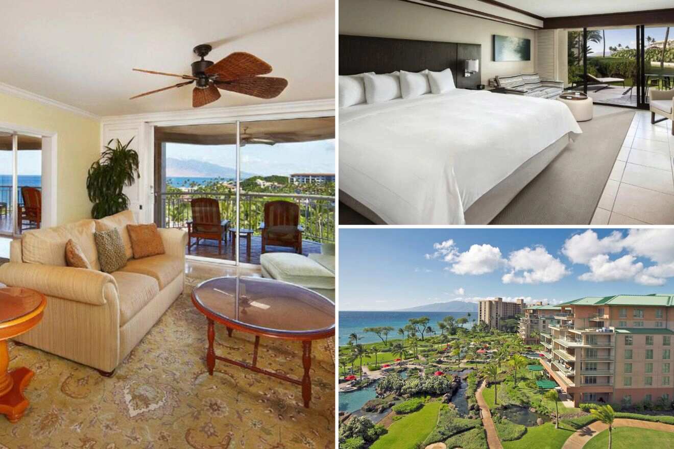 A collage of three photos: living room, bedroom, and aerial view of resort exterior