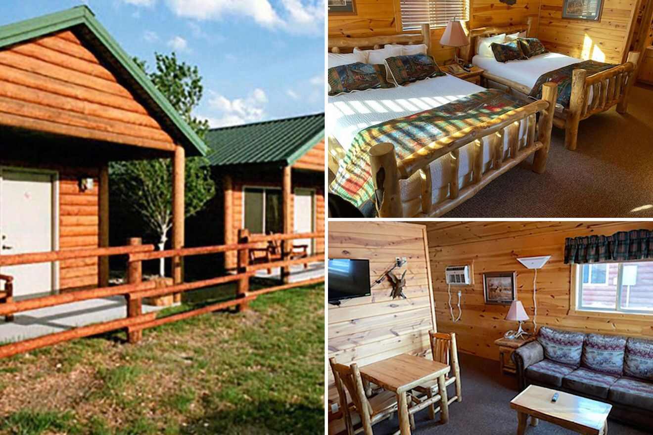 photo collage of cabins, bedroom and lounge