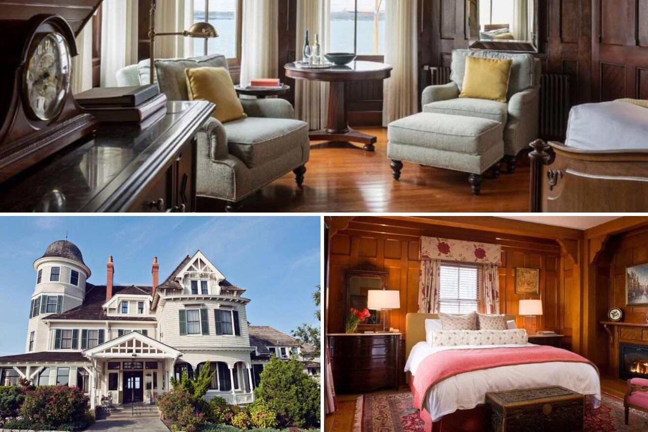 a collage of three photos: living room, view of the exterior of the hotel, and bedroom