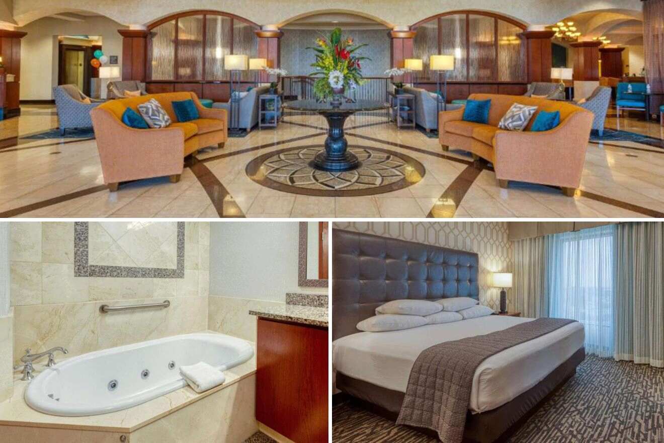 A collage with three photos: hotel lobby, jacuzzi in bathroom, and bedroom