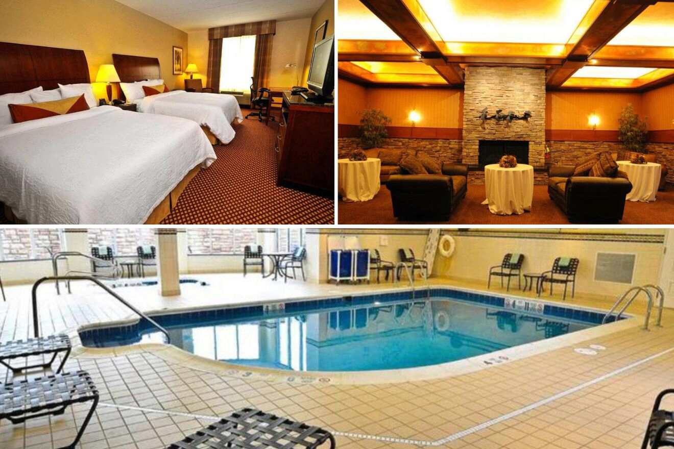 photo collage with swimming pool, bedroom and restaurant area