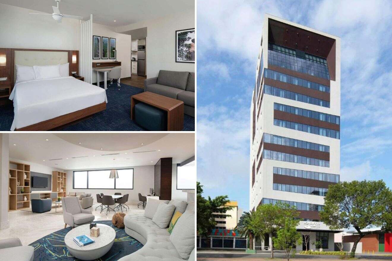 A collage of three photos: bedroom, lounge area, and view of the hotel exterior