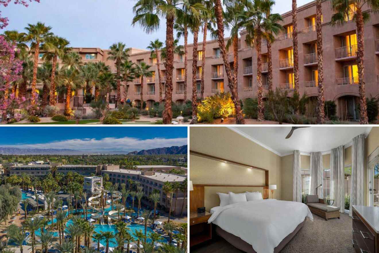 a collage of three photos: view of the exterior of the hotel, aerial view of the pool and waterslides, and bedroom