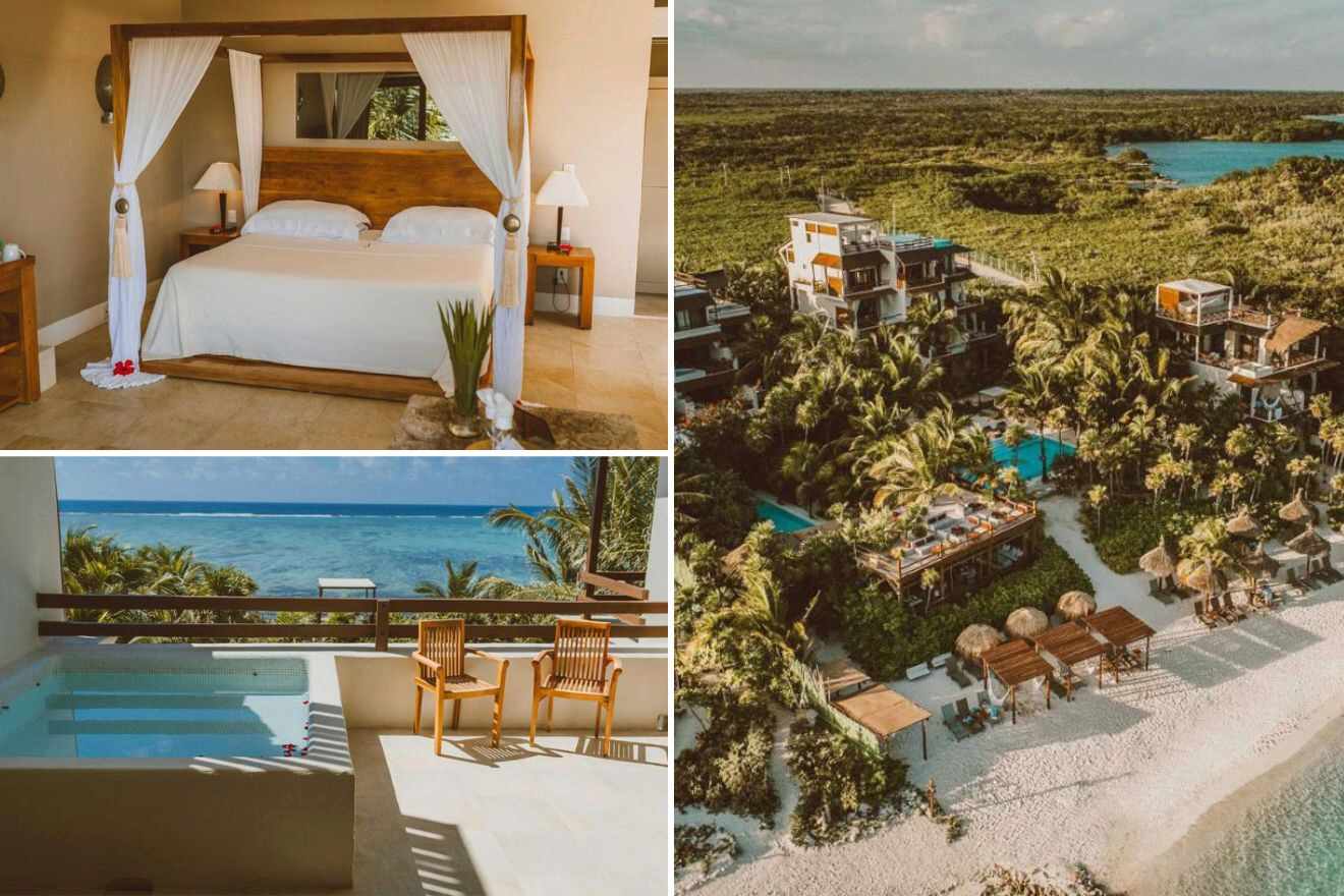 a collage of three photos: bedroom, view of a private pool on the balcony, and aerial view of the hotel