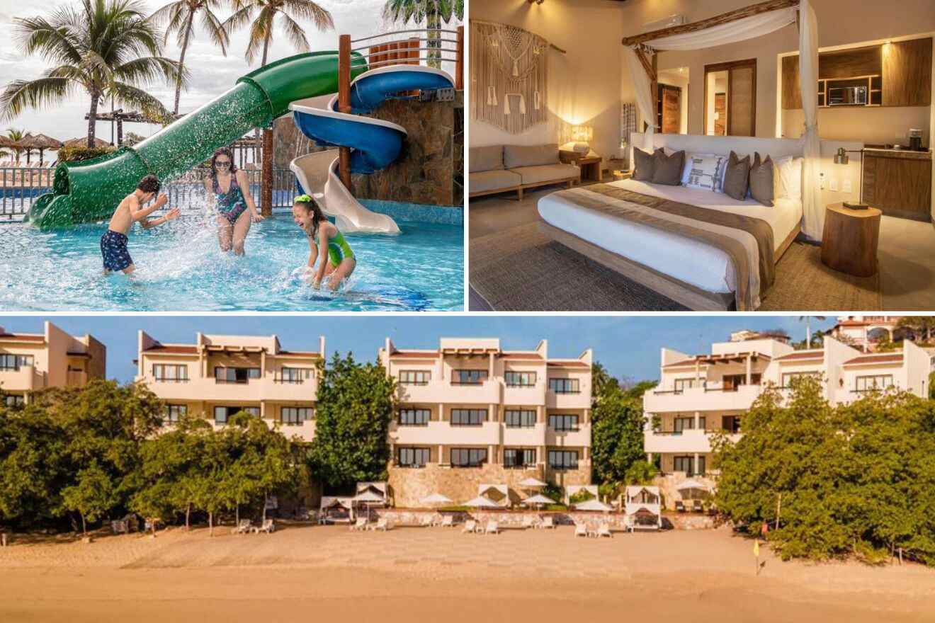 a collage of three photos: people splashing at pool with waterslides, bedroom, and view of the hotel at the beach
