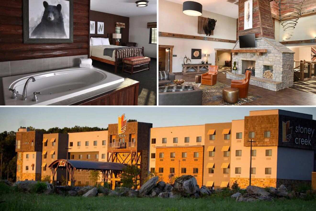 A collage of three photos: bedroom with a jacuzzi, lounge area with a fireplace, and view of the exterior of the hotel