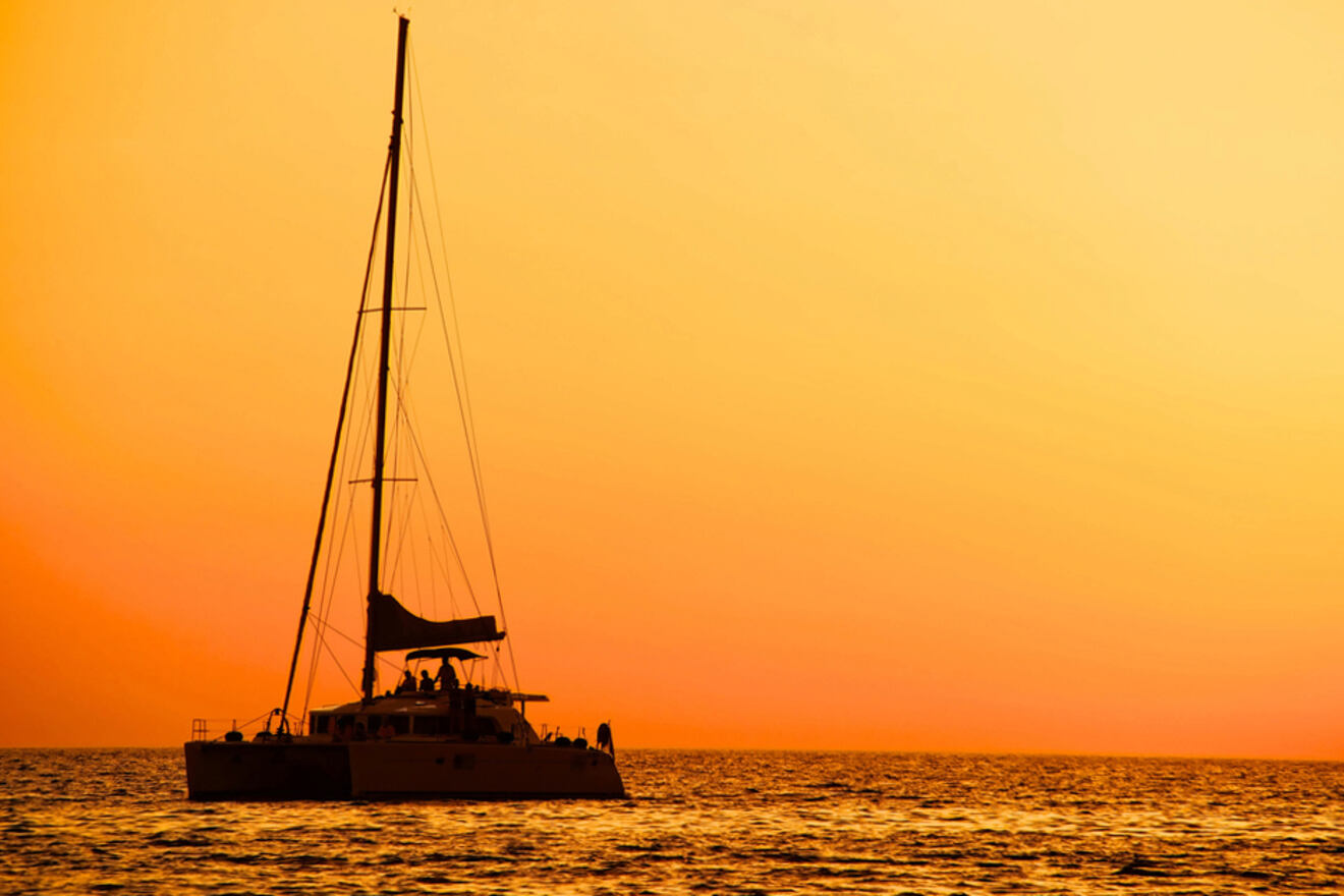 Catamaran sailing at sunset