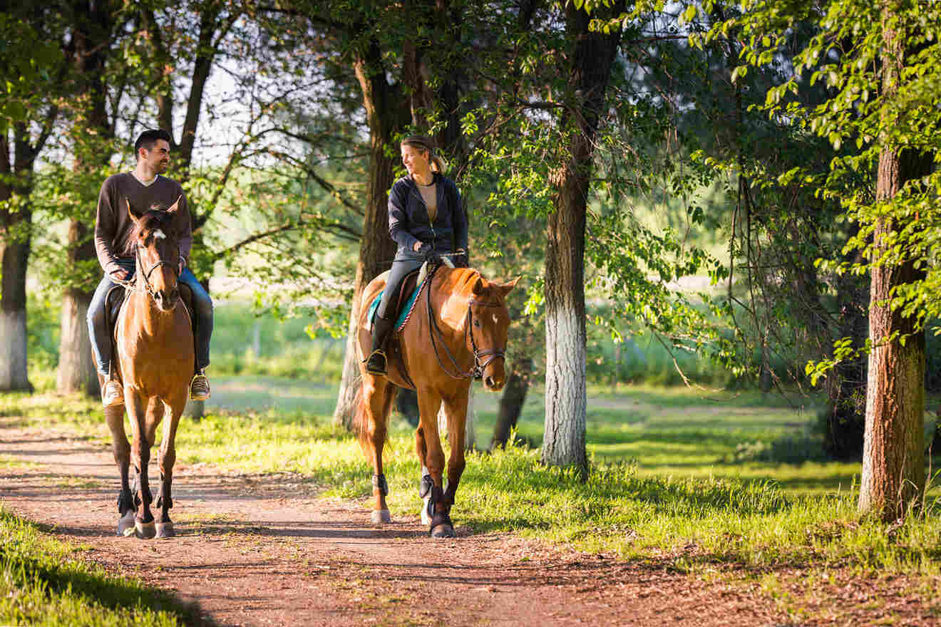 couple on a horseback riding 