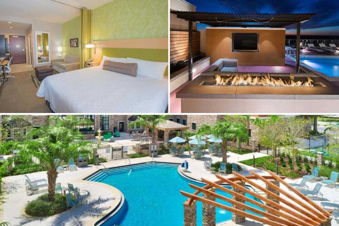 collage of 3 images containing a bedroom, fireplace area and swimming pool