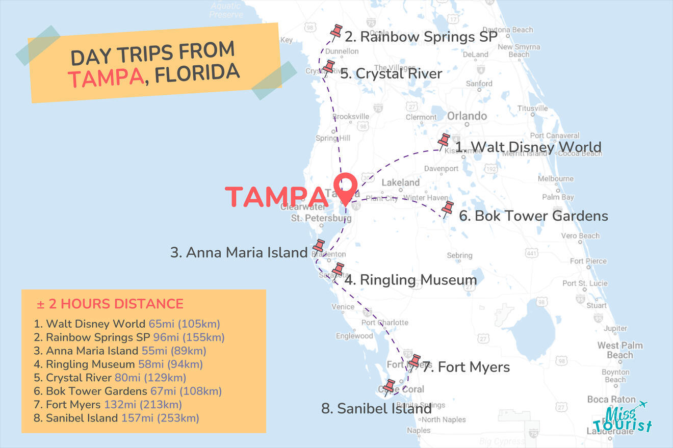 16 INCREDIBLE Day Trips from Tampa • w. Map, Time & Distance