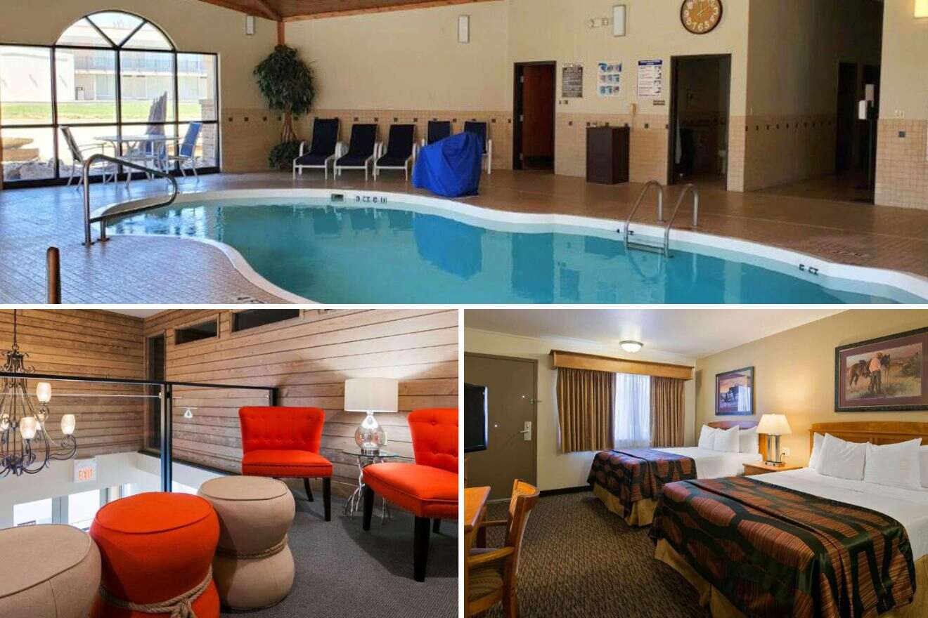 photo collage with swimming pool, lounge and bedroom