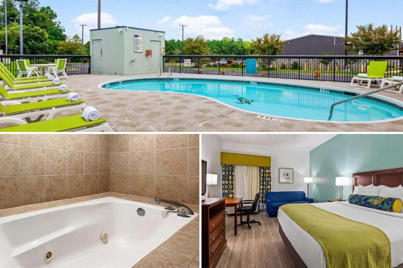 collage of 3 images with swimming pool, bedroom and bathtub