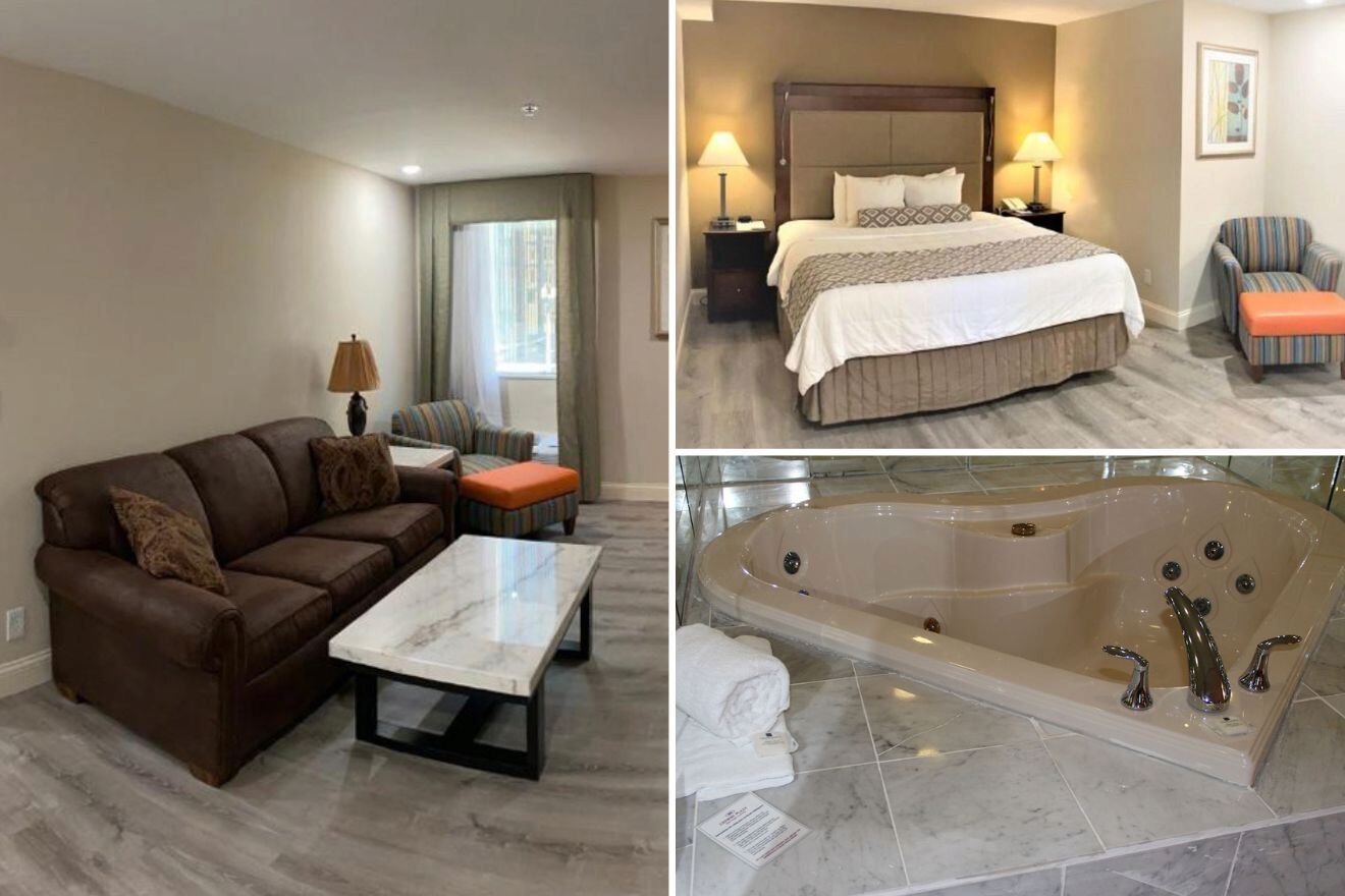 A collage with three photos: living room, bedroom, and jacuzzi in bathroom
