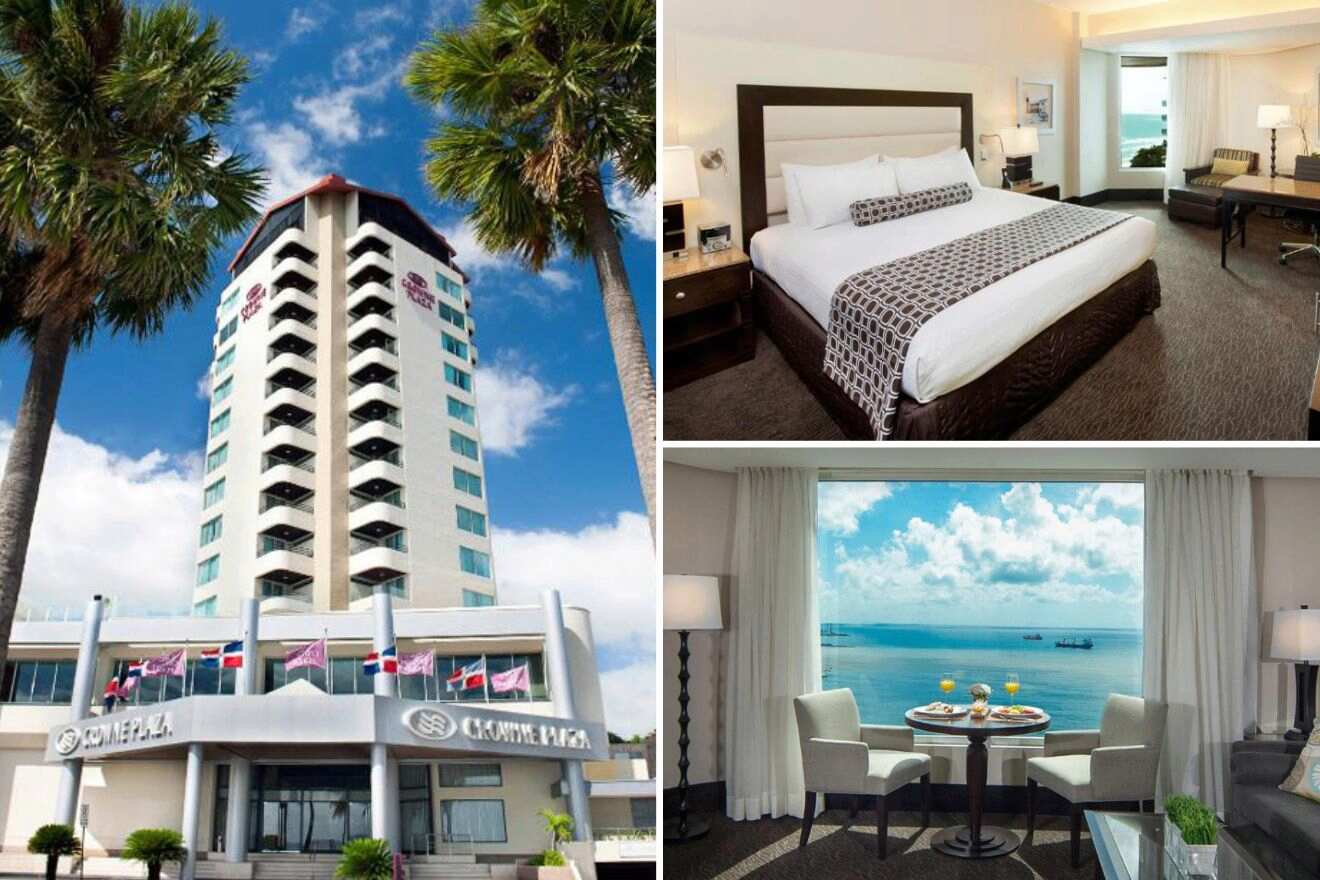 A collage of three photos: view of the hotel exterior, bedroom, and sitting area with view of the water