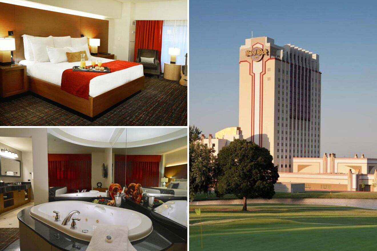 A collage of three photos: bedroom, jacuzzi in the bedroom, and view of the hotel exterior