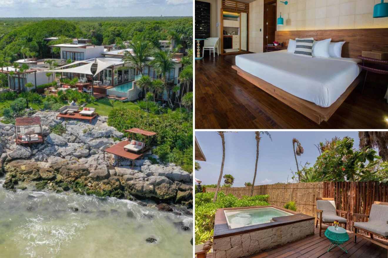 a collage of three photos: aerial view of the hotel on the oceanfront, bedroom, and view of the outside private pool