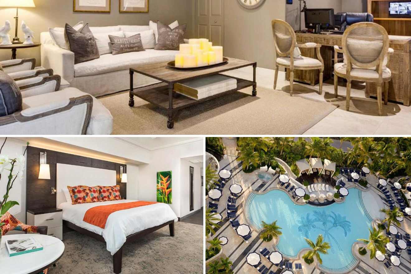 Collage of three hotel pictures: living room, bedroom, and aerial view of outdoor pool