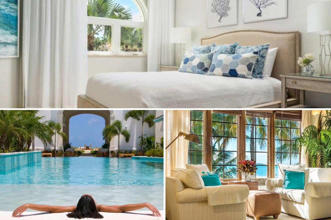 photo collage with woman sitting in the swimming pool, lounge and bedroom