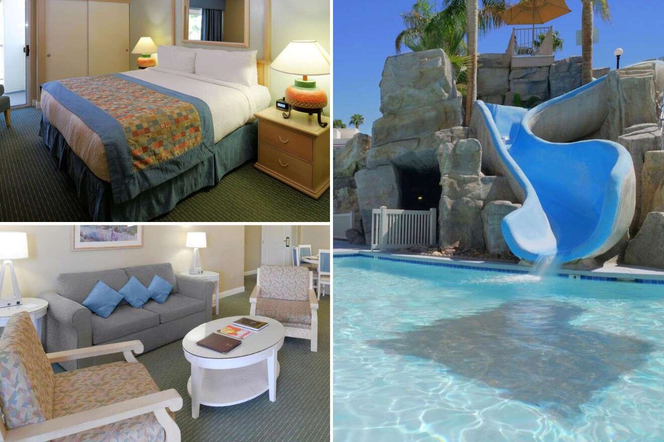 a collage of three photos: bedroom, living room, and water slide