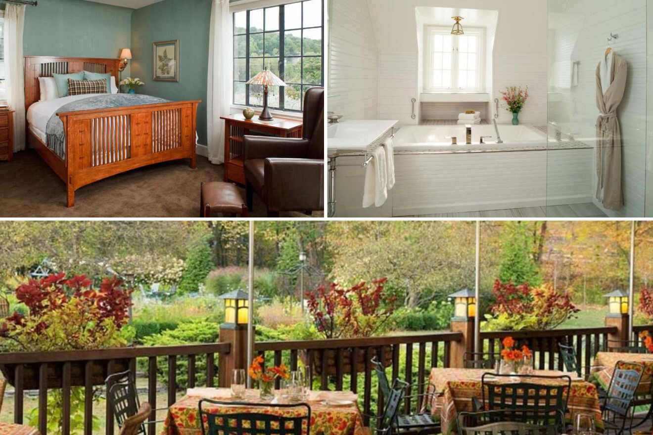 collage of 3 images with a bedroom, bathroom and restaurant on the terrace