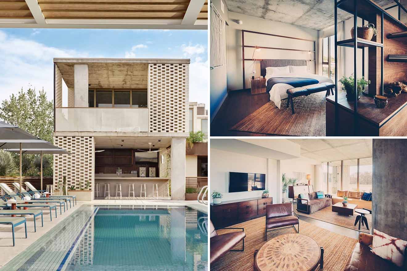 photo collage with bedroom, lounge and swimming pool