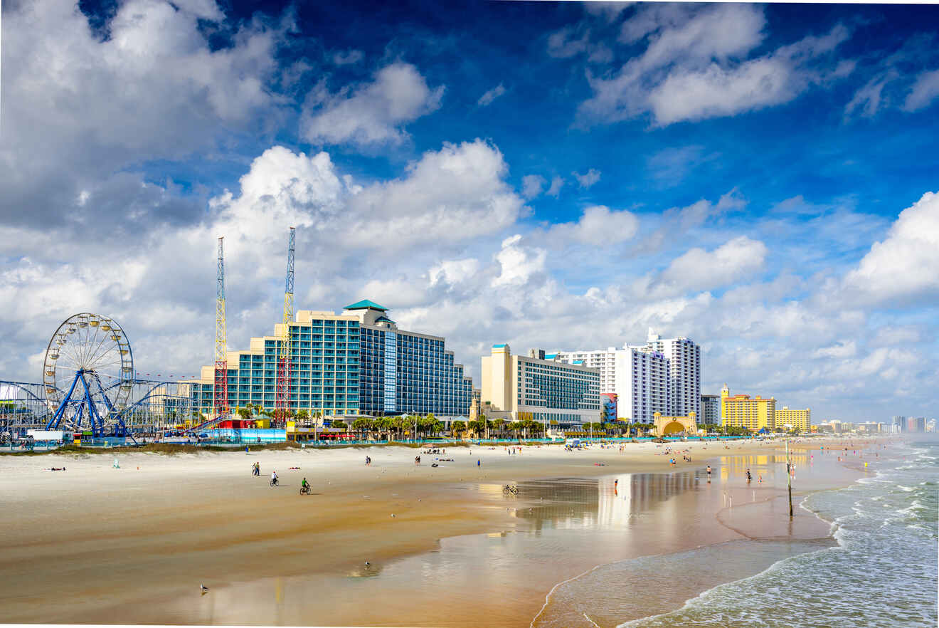 View of Daytona beach and buildings on the beachfront