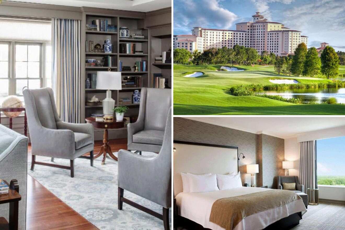 A collage of three photos: living room nook, view of the exterior of a hotel, and bedroom