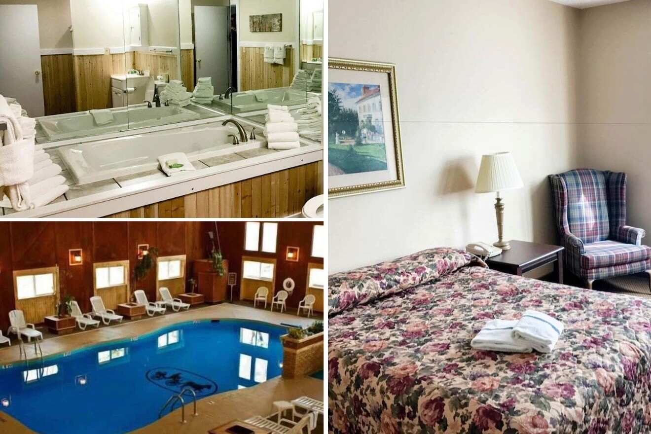 collage of 3 images with a bedroom, bathroom and swimming pool