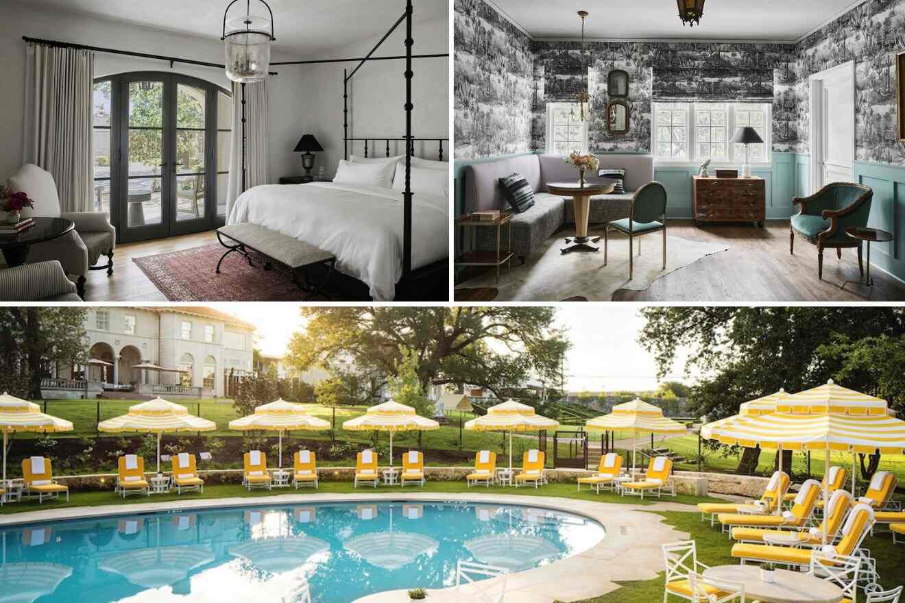 Collage of three hotel photos: bedroom living room, and outdoor pool