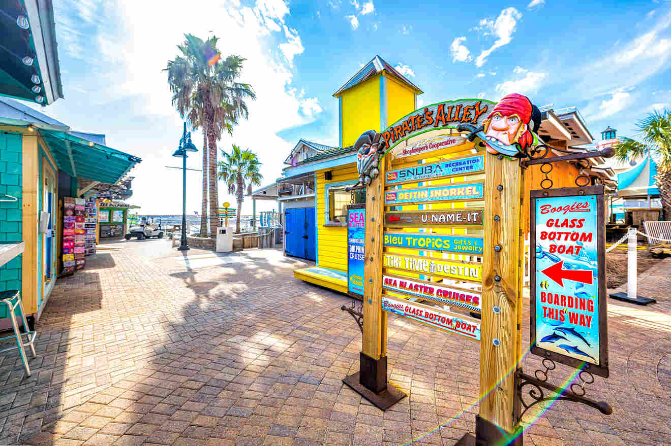 Sign with activities in Pirate's Alley at the Destin Harbor Boardwalk
