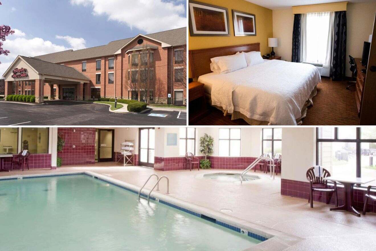 A collage with three photos: view of the exterior of the hotel, bedroom, and indoor swimming pool and jacuzzi