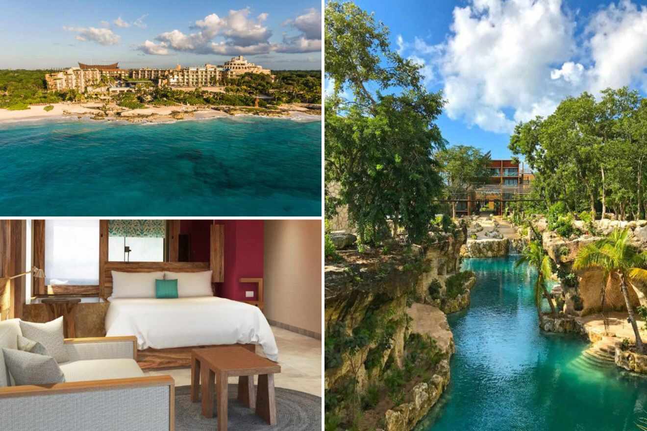 Collage of three hotel pictures: aerial view of the resort, bedroom, and natural swimming pools in the resort