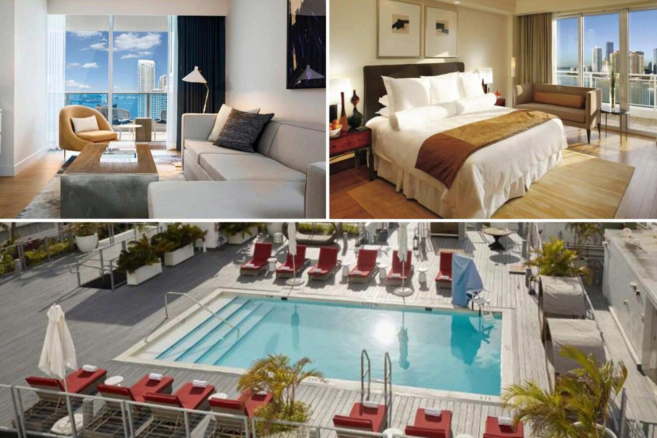 Collage of three hotel pictures: living room, bedroom, and aerial view of outdoor pool